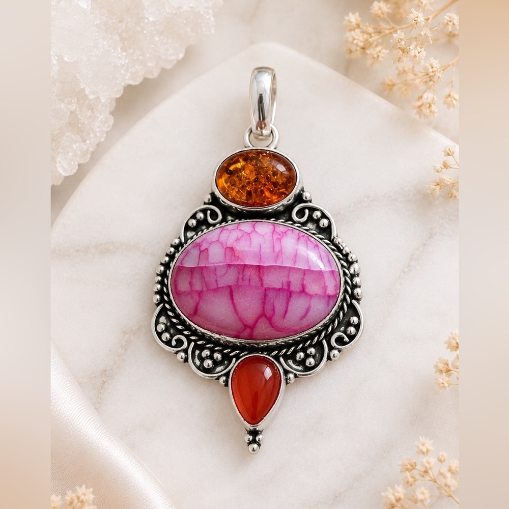 Sterling Silver Pink Agate & Amber Pendant by